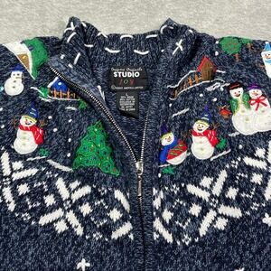 Studio Joy Christmas Cardigan Women's‎ L Embroidered Snowman Snowflake Sweater